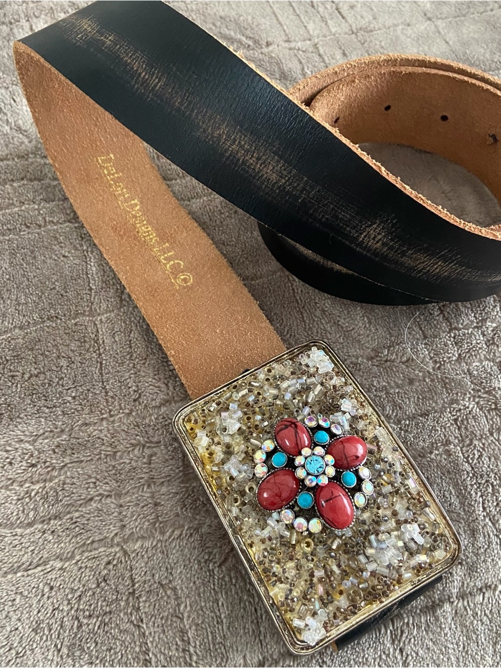 Hand Crafted Black Leather Belt with Red & Turquoise Beaded Stones w/Buckle